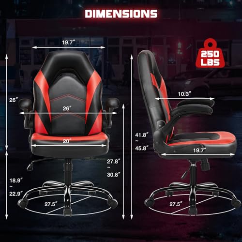 Sweetcrispy Gaming Chair, Lumbar Support Home Office Computer Chair | PU Leather, Flip-up Armrest, Swivel Wheels, Height Adjustable, Video Racing, Red - color: Red