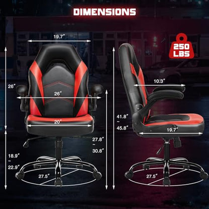 Sweetcrispy Gaming Chair, Lumbar Support Home Office Computer Chair | PU Leather, Flip-up Armrest, Swivel Wheels, Height Adjustable, Video Racing, Red - color: Red