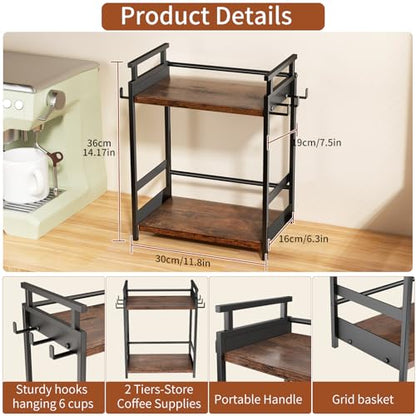 KLM 2 Tier Coffee Bar Organizer for Home Office, Spice Rack for Countertop, Kitchen Counter Storage Shelf with Hanging Basket, Coffee and Tea Condiment Station Organizer