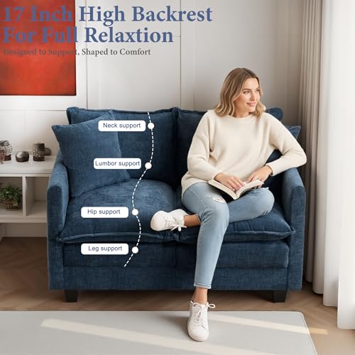 50 Inch Loveseat Sofa | Comfy Small Couch for Bedroom, Living Room, Office | Mini 2 Seater Sofa in a Box | Deep Seat with Double Layer Upholstered Cushion, Removable Cover, Chenille Fabric | Blue - color: Blue, size: 50Inch