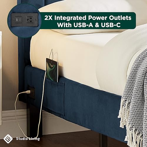 Studio Living® Adaline Upholstered Bed, Full Size, USB A + C Power, Storage Sleeve, Velvet Fabric, Navy - color: Navy, size: Full