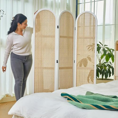 Svimi Room Dividers and Folding Privacy Screens, Pine Wood 5.6 Ft Double Hinged Rattan Partition Freestanding Wall Room Divider for Home - 3 Panels (White) - color: White