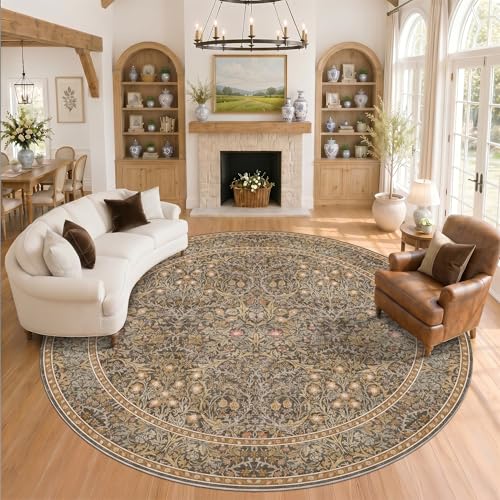 Vintage 10ft Round Rug for Living Room, Washable Boho Area Rugs for Bedroom, Brown Dining Room Under Table Non Slip, Oriental Circle Floral Big Carpet Indoor Décor, Low Pile Stain Resistant - color: Gold Brown, size: 10' (Round)