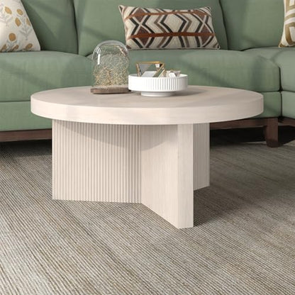 Henn&Hart 32" Scandinavian Fluted Coffee Table, Beech White | Ribbed pedestal base and low profile bring Scandinavian style to small spaces including living rooms or family rooms - color: Beech White, size: 32 inches