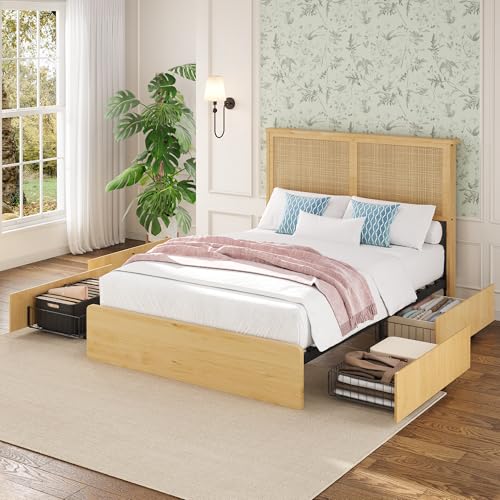 Garvee Full Rattan Bed 4 Drawers Bohemian Headboard for Bedroom | Bohemian full rattan bed with natural headboard, 4 drawers, LED lights,No box spring needed for bedroom use. - size: Full(4 Drawers)