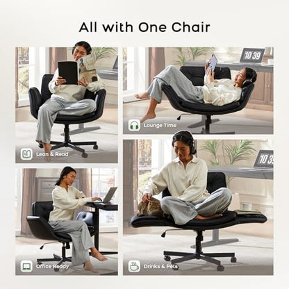 amseatec Criss Cross Office Chair, Swivel Makeup Vanity Chair with Wheels | Wide PU seat supports cross-legged, fidget-friendly sitting; 5-level armrests create pet space; wipe-clean finish eases care - color: Black