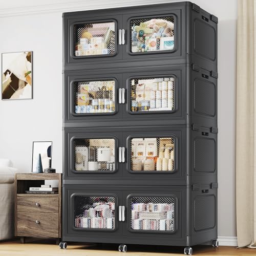 BROVIEW 880 Qt Extra Large Stackable Storage Bin with Lids, 4 Pack Black | 220Gal Extra Large, Collapsible Storage Boxes with 4 Lids, Folding& Rolling Plastic Drawer, Heavy-Duty Cabinet Organization - color: Black, size: 220QT-4pack