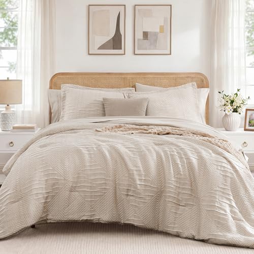 MaiRêve King Size Comforter Set Crinkle Textured Beige Bedding Set 7 Pieces | Boho Geometric All Season Bed in a Bag with Comforter, Sheets, Pillowcases & Shams - color: Beige, size: King