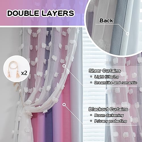 MYSKY HOME Pink Purple Curtains for Girls Bedroom - 54 Inch Long White Pom Pom Sheer Small Double Layer Grommet Room Darkening Nursery Curtains, 52 X 54 in - color: Pink Purple, size: 52"W x 54"L (Pack of 2)