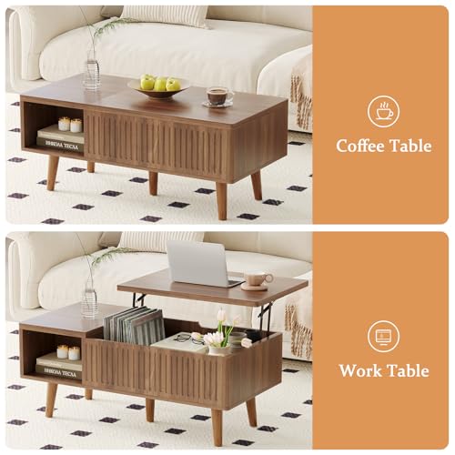 Coffee Table with Lifting Top,Wooden Fluted Coffee Table with Hidden Storage Space,2 Open Storage Compartments,Solid Wood Legs,Suitable for Living Room,Apartment,Office. (C-Lift Coffee Table-Walnut) - color: C-lift Coffee Table-walnut