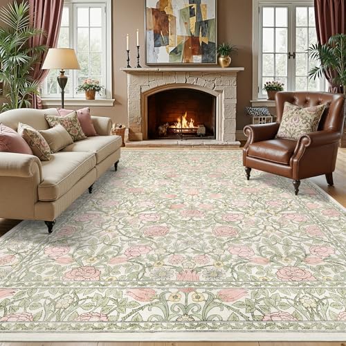 GarveeHome Pink Green Beige Floral 8x10 Area Rugs for Living Room Bedroom | Large Washable Dinning Room Girls Dorm Office Rug Vintage Boho Rugs Low-Pile Non-Slip Stain Resistant TPE Backing - color: A Beige / Pink, size: 8' x 10' (Rectangular)