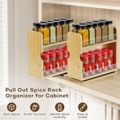 2 Tier Pull Out Spice Rack Organizer, Bamboo Sliding Spice Rack for Kitchen | Cabinet, (4.4" W x 10.6" D x 10.4" H) Spice Storage, Pantry Organization