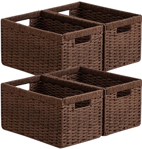 UBBCARE 4 Pack Wicker Basket, 13.4L×8.3H×7.1W inch Woven Paper Rope Storage Baskets for Shelves, Foldable Rectangular Storage Baskets with Handle, Storage Basket for Organizing, Dark Brown - color: Dark Brown, size: Rectangular- 4pack 13.4"×8.3"×7.1"