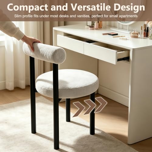 Cute Small Armless Desk Chair, Ergonomic Comfy Vanity Chairs Lumbar Support with Back for Makeup, Teddy Fabric Computer Desk Chair for Home, Bedroom, Vanity, Teens, Adults - color: Black and White