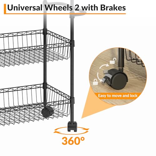 Black 3 Tier Rolling Storage Cart, Metal Wire Kitchen Cart with Baskets & Handle, Utility Trolley on Wheels for Kitchen, Bathroom, Laundry, Pantry & Office - color: Black