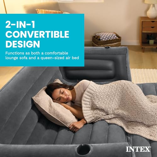 Intex Inflatable Pull-Out Sofa Bed with 2-Pack Lounge Chair and Ottoman Set | 66552EP Convertible Queen Airbed and 66551EP Portable Lounger for Bedroom, Dorm & Living Room (Pump Not Included)