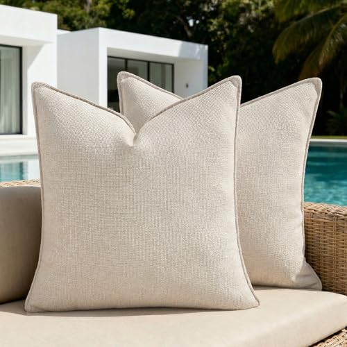 Fancy Homi Set of 2 Water Resistant Soft Chenille Decorative Outdoor Throw Pillow Covers Solid Beige Summer Farmhouse Boho Patio Ivory Cushion Cases 18x18 Inch for Garden Balcony Tent Couch Sofa Bed - color: Beige, size: 18" x 18" (Pack of 2)