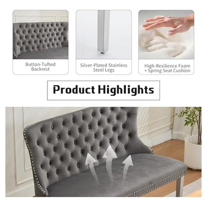 Grey Velvet Dining Bench with Back, Tufted Banquette Seating, Silver Legs | Upholstered loveseat bench; tufted back; nailhead trim; 500 lb capacity; foam and spring seat; dining room or entryway - color: Grey(silver Stainless Steel Legs)