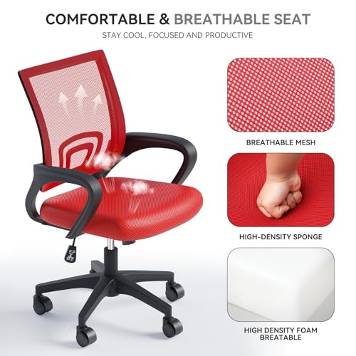 Office Chair, Ergonomic Mid-Back Mesh Desk Chair with Lumbar Support, Adjustable Height Computer Chair with Rolling Wheels Design,Comfy Armrest for Work, Study, Gaming, Red - color: Red