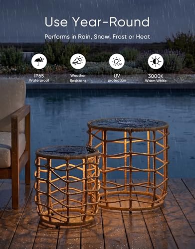 Boho Solar Outdoor Side Table with Built-in Lights Set of 2, All-Weather Wicker Nesting Tables, Round Waterproof Accent End Table Design for Patio, Porch, Garden & Balcony, Natural Brown - color: Natural Brown