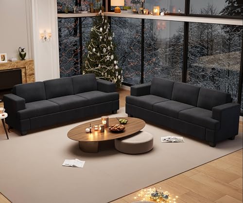 YOUDENOVA 2 Piece Set Comfy Sofa Couch, 2 3-Seater Sofa with Deep Seats, Modern Sleeper Couch for Living Room, Black Corduroy - color: Black Corduroy, size: 3-Seater*2