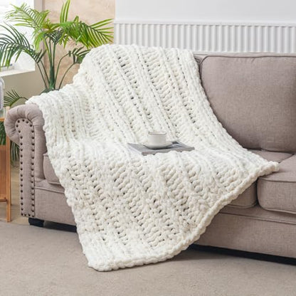 WESHIONGOO Chunky Knit Blanket Throw for Couch Bed 40"×60" Cream White | 100% Handmade Knitted Throw blanket Fluffy Soft Blanket With Jumbo Chenille Yarn Thick - color: Cream White, size: 40"x60"(Medium Size Throw)