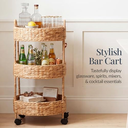 Best Choice Products 3-Tier Round Rolling Nursery Caddy w/Wheels, Handwoven Utility Cart, Storage Organization for Bathroom, Craft Room, Laundry Room - Natural - color: Natural