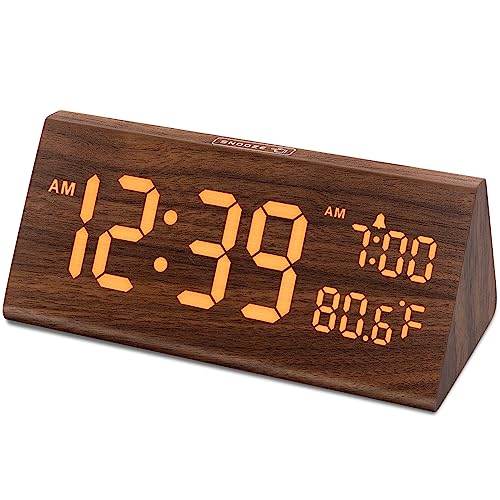 DreamSky Wooden Digital Alarm Clock for Bedroom with USB Port | 7.7" Electric Clocks with Large Numbers, Temperature, 0-100% Brightness Dimmer, Adjustable Alarm Volume, Snooze, 12/24H - color: Amber