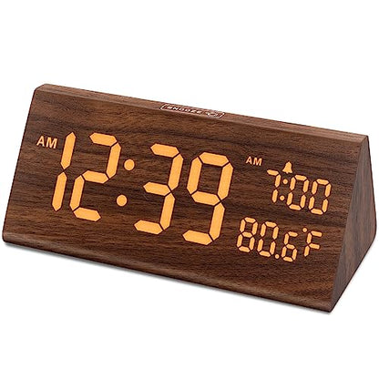 DreamSky Wooden Digital Alarm Clock for Bedroom with USB Port | 7.7" Electric Clocks with Large Numbers, Temperature, 0-100% Brightness Dimmer, Adjustable Alarm Volume, Snooze, 12/24H - color: Amber