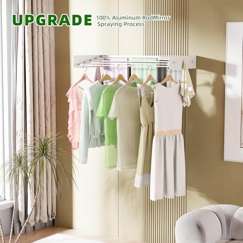 BAKON Wall Mounted Drying Rack 32'', Hidden Clothes Drying Rack for Indoor | Space Saving for Balcony Laundry Room Small Space, 60lbs Capacity, 6 Towel Hooks and 5 Rods, Invisible,Heavy Duty Metal - size: 31.5''【6 Hooks】