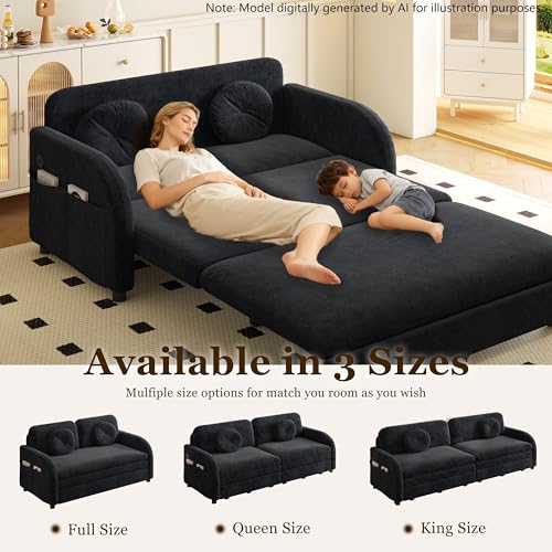 52.4'' Full Size Sleeper Sofa Bed, 3-in-1 Pull Out Chenille Couch, Black | Cozy Curved Armrest, Loveseat with USB, 2 Round Pillows, Washable Cover, Pocket, for Living Room, Apartment, Small Spaces, RV - color: Black, size: 52.4'' Full
