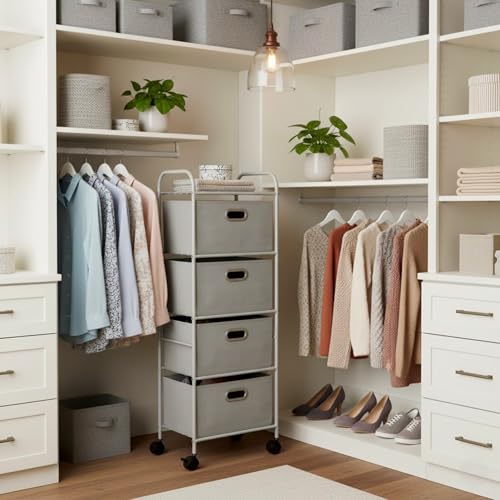 4-Drawer Fabric Dresser - Slim Clothes Storage Organizer with Wheels and Metal Frame - Rolling Cart for Closet, Home, or Office by Lavish Home (Gray)
