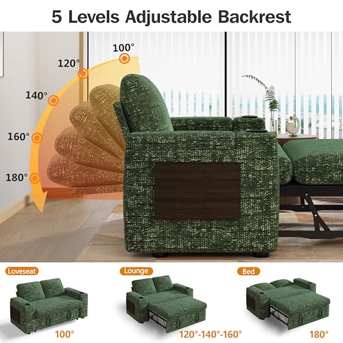 Vipbear 65" Loveseat Sleeper Sofa with Pull Out Bed, Chenille 3-in-1 Convertible Sofa Bed with Reclining Backrest|USB Ports|Cup Holders|Side Table|Storage Armrests, Tool Free Assembly, Green - color: Green