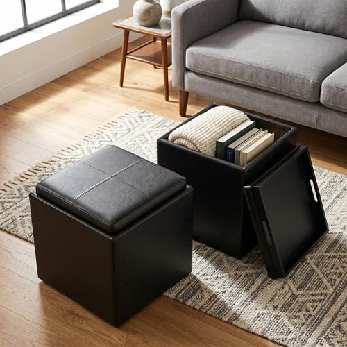 SIMPLIHOME Rockwood 17" Wide Vegan Leather Storage Ottoman in Grey | Distressed black, contemporary ottoman with flip-over tray top and hidden storage; cube storage bench for living room. - color: Distressed Black
