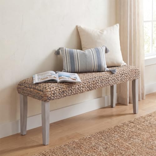 Solid Wood Acacia Indoor Bench, Natural Woven Water Hyacinth Seat, Grey Leg | Fishbone Style for Living Room or Entryway, Farmhouse Boho Coastal Bench - color: Fishbone - Grey Leg & Water Hyacinth