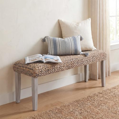 Solid Wood Acacia Indoor Bench, Natural Woven Water Hyacinth Seat, Grey Leg | Fishbone Style for Living Room or Entryway, Farmhouse Boho Coastal Bench - color: Fishbone - Grey Leg & Water Hyacinth