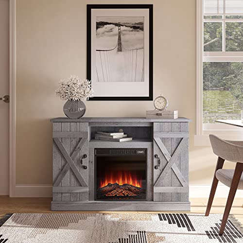 BELLEZE Industrial 47 Inch Rustic TV Stand with 18 Inch Electric Fireplace & Media Entertainment Center Console Table for TV up to 50 Inch with Open Storage Shelves & Cabinets - Light Gray - color: Light Gray, style: 47" TV Stand/W 18" Fireplace