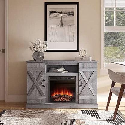 BELLEZE Industrial 47 Inch Rustic TV Stand with 18 Inch Electric Fireplace & Media Entertainment Center Console Table for TV up to 50 Inch with Open Storage Shelves & Cabinets - Light Gray - color: Light Gray, style: 47" TV Stand/W 18" Fireplace