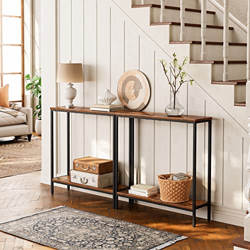 HOOBRO 29.5" L Narrow Console Table, 8.7" D Small Entryway Table | Sofa Table Behind Couch with 2-Tier Storage Display Shelves for Hallway, Foyer, Living Room, Bedroom - color: Rustic Brown and Black