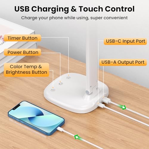 Desk Lamp with Charger, 10%-100% Stepless Dimmable & 5 Color Modes Study Lamp, Touch Control, 30-/60-minute Timer, USB Charging Output Port, CRI≥90, Eye-Caring Foldable LED Desk Lamps for Home Office - color: White-US