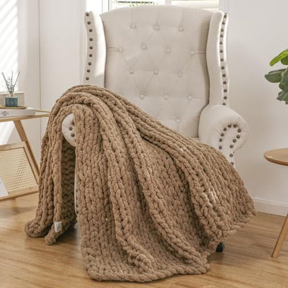 WESHIONGOO Chunky Knit Blanket Throw for Couch Bed 51"×63" Brown | 100% Handmade Knitted Throw blanket Fluffy Soft Blanket With Jumbo Chenille Yarn Thick - color: Brown, size: 51"x63"(Large Size Throw)