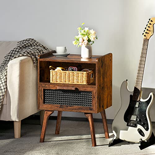 Lerliuo Rattan Nightstand, Boho Side Table with Drawer Open Shelf | Cane Accent Bedside End Table with Solid Wood Legs for Bedroom, Dorm and Small Spaces (Brown) - color: Brown, size: 1 pack