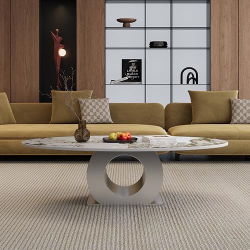49.2" Oval Marble Coffee Table with Silver Stainless Steel Base, Luxury Modern White Sintered Stone Center Cocktail Tea Tables for Living Room,Easy Assembly - color: Style 3: Silver Base