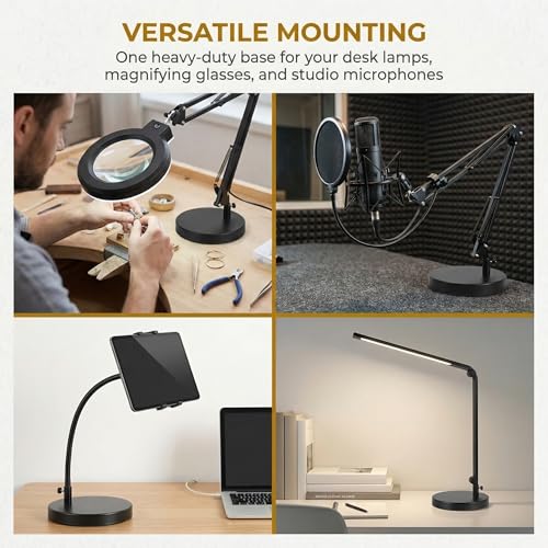 TEHAUX Weighted Desk Lamp Base Only, 7.5" Solid Iron Replacement Table Lamp Mounting Stand for Swing Arm Light, Magnifying Glass & Mic Mount, 12mm Hole (Black)