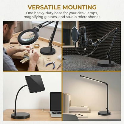 TEHAUX Weighted Desk Lamp Base Only, 7.5" Solid Iron Replacement Table Lamp Mounting Stand for Swing Arm Light, Magnifying Glass & Mic Mount, 12mm Hole (Black)