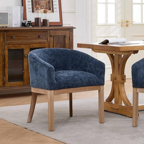 Modern Upholstered Barrel Dining Chairs with Arms, Natural Hardwood Frame, Farmhouse Linen Chairs for Dining Room, Kitchen(Blue) - color: Blue, size: A Chair