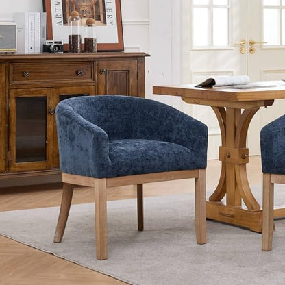 Modern Upholstered Barrel Dining Chairs with Arms, Natural Hardwood Frame, Farmhouse Linen Chairs for Dining Room, Kitchen(Blue) - color: Blue, size: A Chair