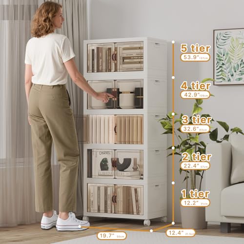 260QT Stackable Storage Bins with Lids,Doors & Wheels | Closet Organizers and Storage Cabinet, Lockable Plastic Foldable Drawers for Bedroom Dorm Office Garage（52QT*5,White） - color: White, size: 19.7"L