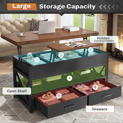 Itaar 40" Lift Top Coffee Table, 4 in 1 White Coffee Tables with Storage for Living Room, Small Coffee Table with 2 Drawers & LED Light for Dining Room, Black+Brown - color: Black+brown