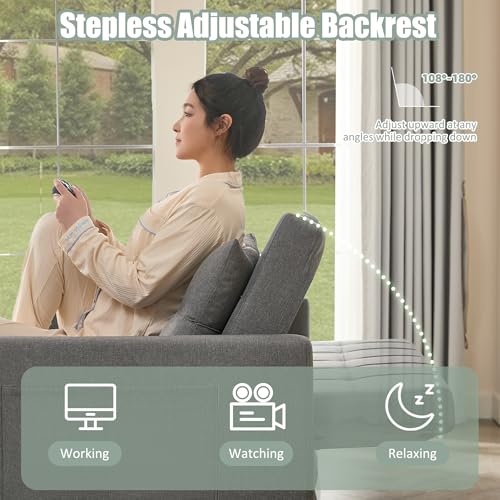 GOSUHI 52" 3-in-1 Convertible Sleeper Sofa Bed, Linen, Light Gray | Pull-Out Bed, Stepless Adjustable Backrest, Side Pocket, Compact Loveseat, Living Room, Dorm & Apartment - color: Light Gray